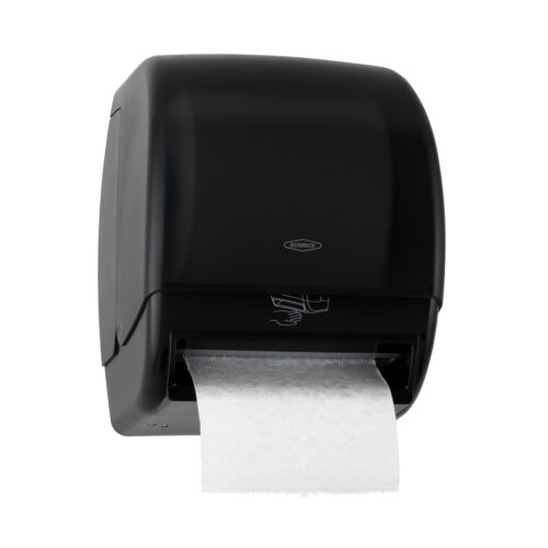 Front view of a Bobrick B-72974 paper towel dispenser dispensing a single paper towel.