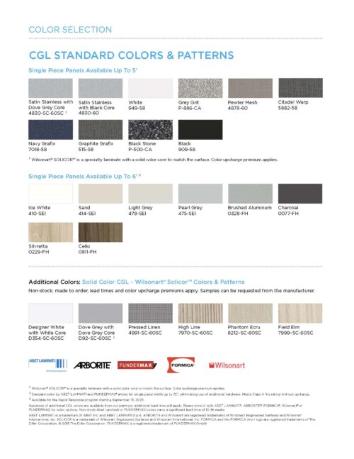 Color swatches displaying the available finish options for Bobrick Duraline Series Compact Grade Laminate material.