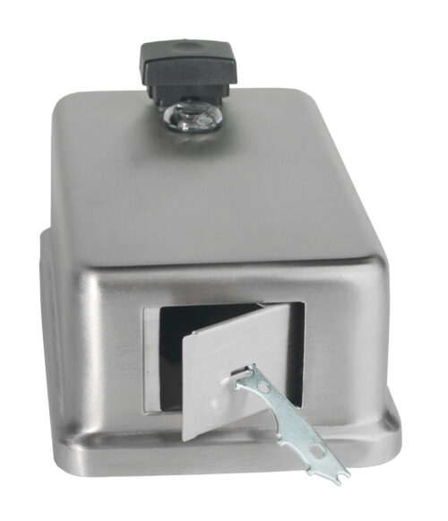 Bobrick B-2111 soap dispenser being unlocked with key