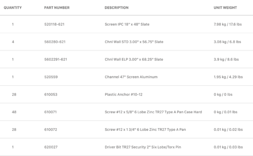 Quote 904932 Powder Coated Steel -  18"x48" screen with additional brackets.  Color to be 621 Slate