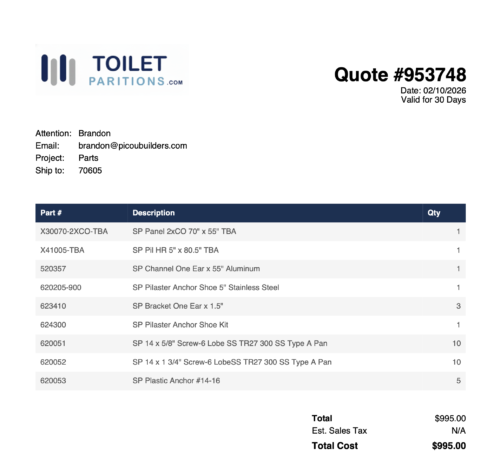 Solid Plastic  Commercial Bathroom Partitions - Quote 953748 Parts for 953153