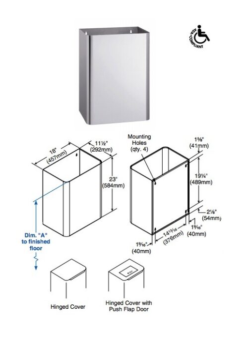 Bradley 355-35 Surface-Mounted 20.6 Gal. Waste Receptacle w/ Hinged Cover